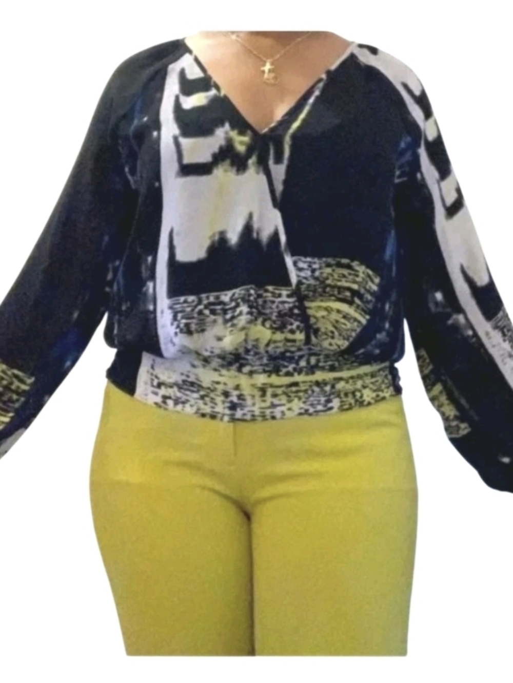 Gabrielle Union New York & Company Blouse Top Size Large Black Pattern Geometric